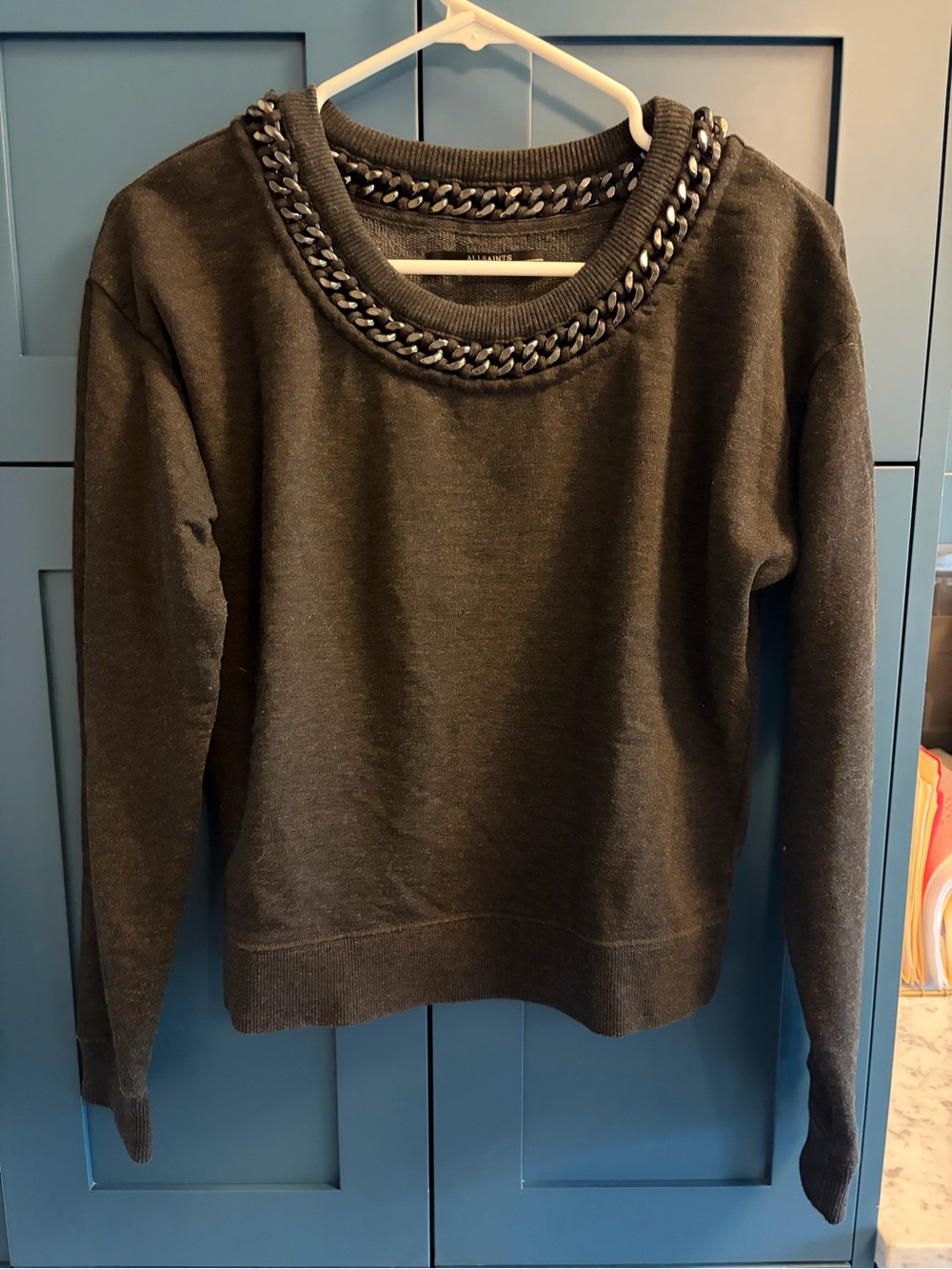 AllSaints charcoal Grey Gray Womens 2 XS Chain-Trim Crewneck Sweater